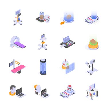 Bu izometrik simgeler seti çeşitli gelecekteki tıbbi cihazları ve teknolojileri tasvir eder.