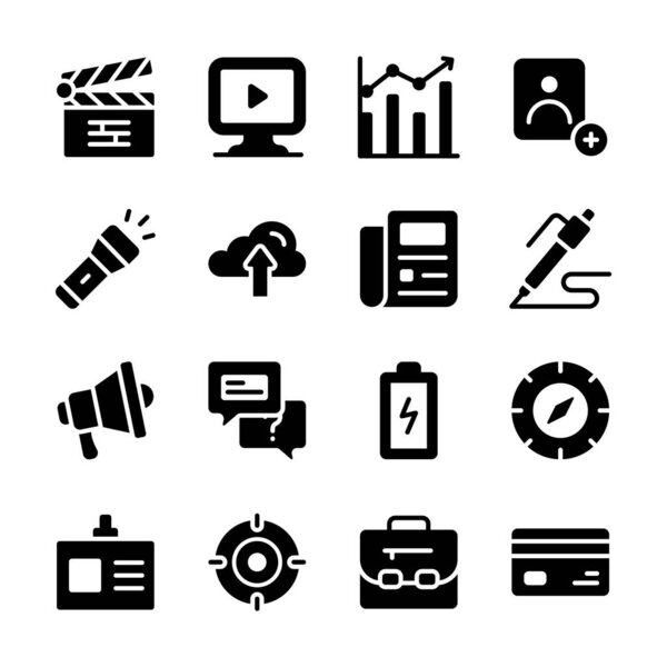 A collection of simple icons representing various business and communication tools