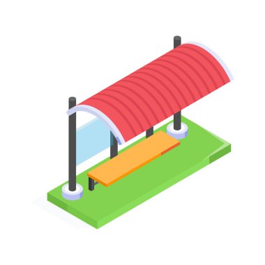 Kırmızı çatılı ve rahat banklı basit bir otobüs durağı.