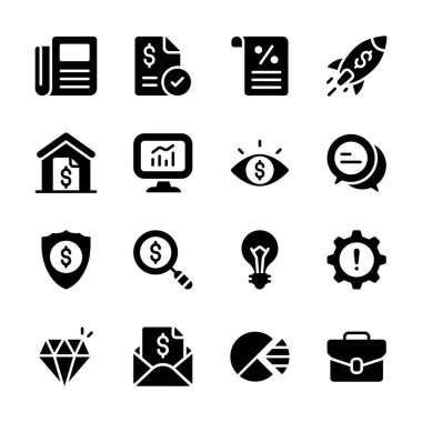 Çeşitli finansal ve iş kavramlarını tasvir eden bir ikon koleksiyonu