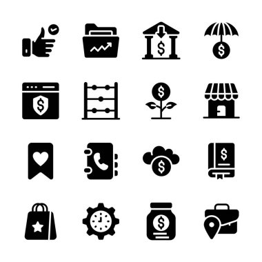 Bu resim çeşitli finansal ve ticari kavramları temsil eden bir ikon koleksiyonunu içerir.