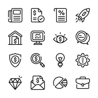Çeşitli finansal ve iş kavramlarını tasvir eden bir ikon koleksiyonu