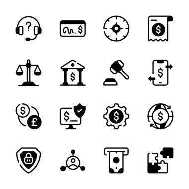 Müşteri hizmetleri de dahil olmak üzere çeşitli finansal ve iş kavramlarını temsil eden bir dizi simge