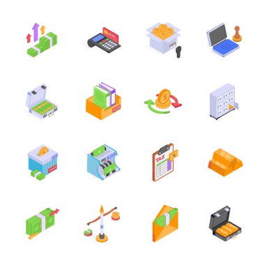 Bu izometrik simgeler kümesi çeşitli finansal kavramları ve araçları betimler