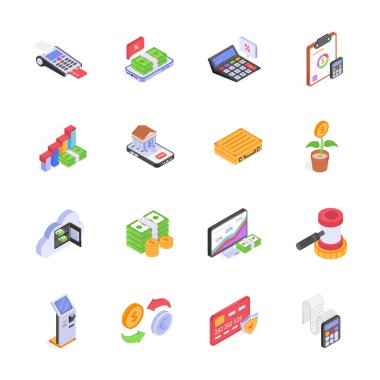 Bu resim seti, çeşitli finansal ve iş kavramlarını tasvir eden bir izometrik simge koleksiyonunu içerir.