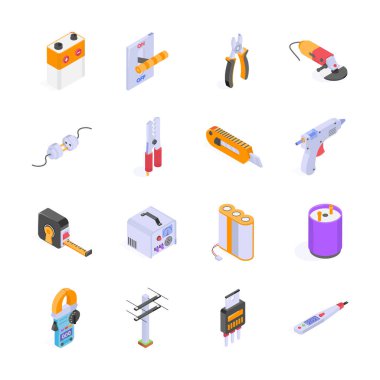 Bu resim çeşitli elektrik ve inşaat araçlarının renkli, izometrik çizimlerinin bir koleksiyonunu içerir