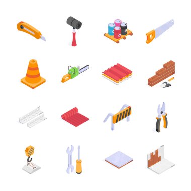 This image showcases a collection of construction tools and materials in an isometric style clipart