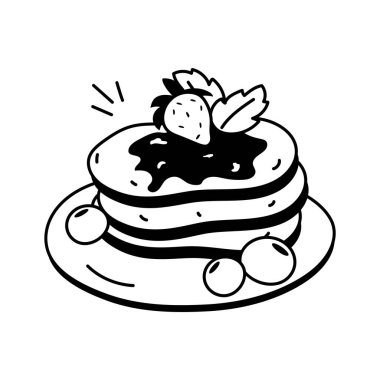 Taze meyve ve şurupla kaplı bir yığın krep.