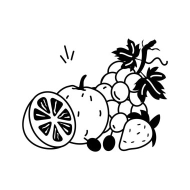 Portakallar, üzümler ve böğürtlenlerden oluşan taze meyve ikonu.