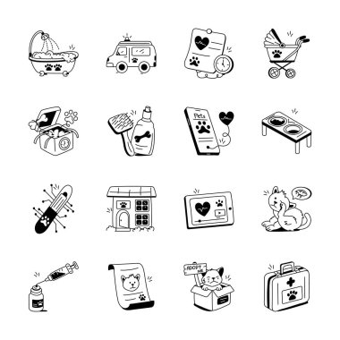 Evcil hayvan bakımının çeşitli yönlerini tasvir eden bir dizi basit, el çizimi simge