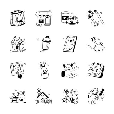 Bu basit siyah beyaz çizgi resim simgeleri çeşitli hayvan bakımı ve evlat edinmeyle ilgili öğeleri tasvir eder