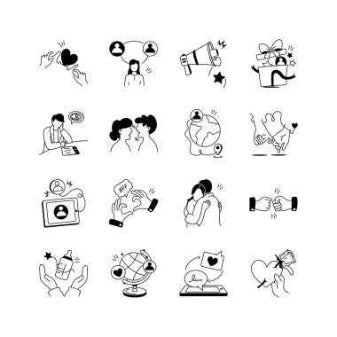 Bu simge kümesi çeşitli sosyal bağlantılar ve etkileşimleri betimler