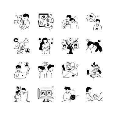 Bu çizimler, bağlantı ve sevgiden çatışma ve çözüme kadar farklı ilişki dinamiklerini gösteriyor.