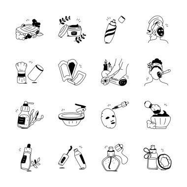 Bu siyah ve beyaz çizimler yüz maskeleri, kremler, losyonlar ve daha fazlası da dahil olmak üzere çeşitli cilt bakımlarını ve spa tedavilerini betimlemektedir.