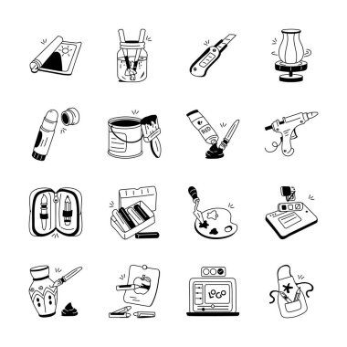 Resim araçları, çizim malzemeleri, çömlek malzemeleri ve tasarım araçları da dahil olmak üzere el sanatları ve sanat malzemeleri koleksiyonu.