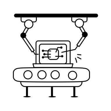 Bir devre kartı monte eden gelecekçi otomatik sistemin stilize edilmiş bir illüstrasyonu