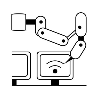 LCD ekran üretimine odaklanmış otomatik bir robotik kol montaj hattının simgesi
