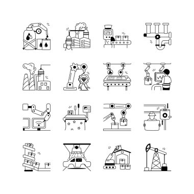 Bu simgeler seti, modern endüstriyel otomasyon ve üretim süreçlerinin çeşitli yönlerini tasvir etmektedir.