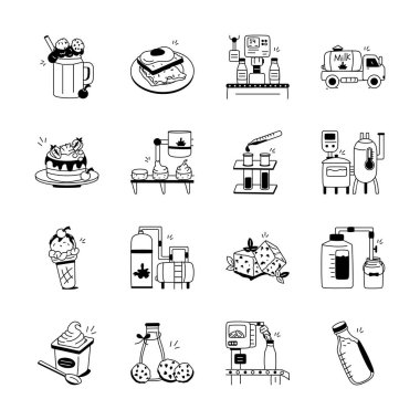 Ham malzemelerden bitmiş ürünlere kadar çeşitli mandıra ve gıda üretim aşamalarını tasvir eden el yapımı ikonlar.