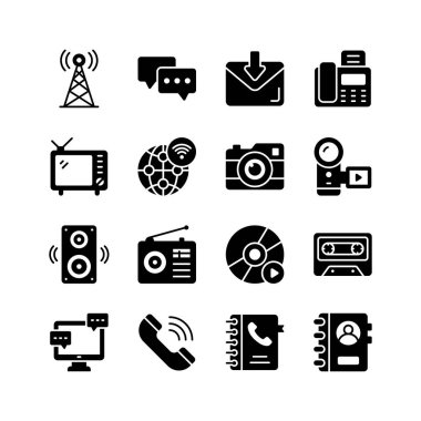 Çeşitli iletişim ve medya teknolojilerini temsil eden bir simge koleksiyonu, bağcılıktan çağdaşlığa
