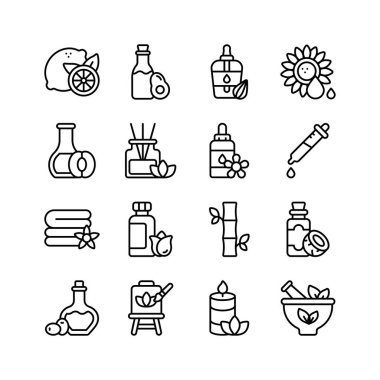 Bu simge seti, spa ve aromaterapi elementlerini tasvir eder, prim kullanımına hazır.