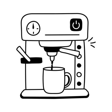 Espresso, kapuçino ya da kahve damlatan içecekleri otomatikman üreten bir alet tasvir eden bir kahve makinesi ikonu.