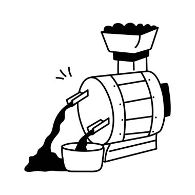 Bir kahve işleme makinesi, bir fıçıdan kabın içine dökülen sıvıyı gösteriyor.