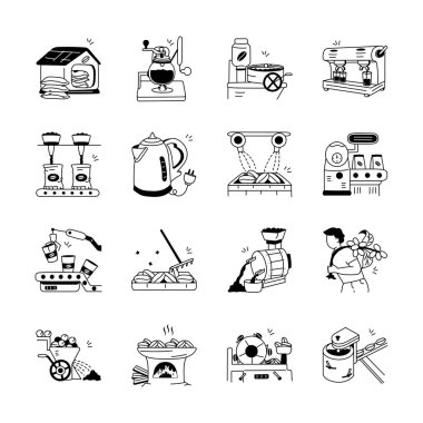 Bu simgeler kahve işleme seti, ilk sıralama ve hazırlıktan kızartma ve paketleme