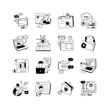 Web geliştirme ve programlamanın çeşitli elementlerini temsil eden el çizimi vektör simgeleri