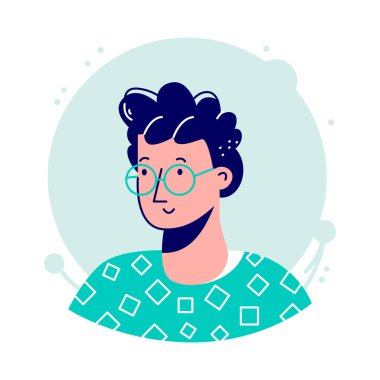 Gözlüklü, kıvırcık saçlı genç bir erkek avatar.