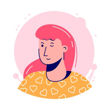 Kadın portresi, canlı saçları ve ince bir göz kırpması olan stilize bir tasarım.