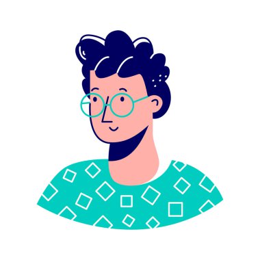 Gözlüklü, kıvırcık saçlı genç bir erkek avatar.