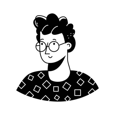 Gözlüklü, kıvırcık saçlı genç bir erkek avatar.