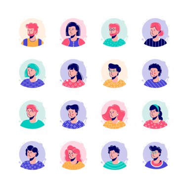 Collection of colorful, stylized headshots of men and women clipart