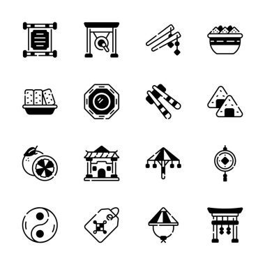 Asya kültürünün ve geleneklerinin çeşitli yönlerini tasvir eden bir ikon koleksiyonu..