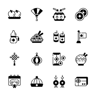 Çeşitli geleneksel Çin Yeni Yıl sembollerini temsil eden basit simgeler koleksiyonu.