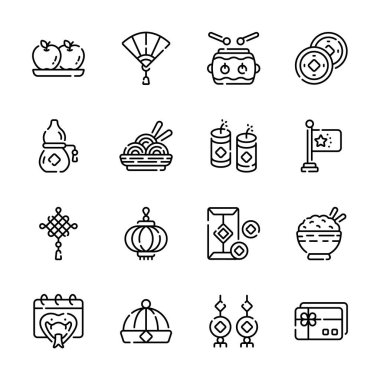 Çeşitli geleneksel Çin Yeni Yıl sembollerini temsil eden basit simgeler koleksiyonu.