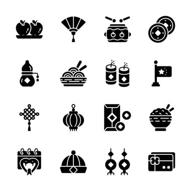 Çeşitli geleneksel Çin Yeni Yıl sembollerini temsil eden basit simgeler koleksiyonu.