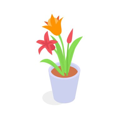 Bu büyüleyici illüstrasyonda renkli laleler ve zambakların yer aldığı saksıda çiçek aranjmanı sergileniyor.