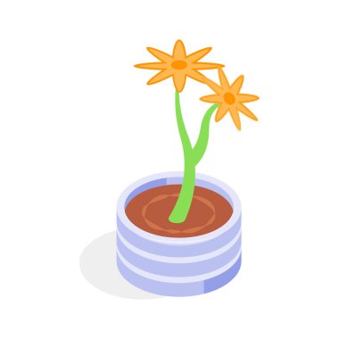 İki parlak turuncu çiçekli bir saksı bitkisinin izometrik simgesi