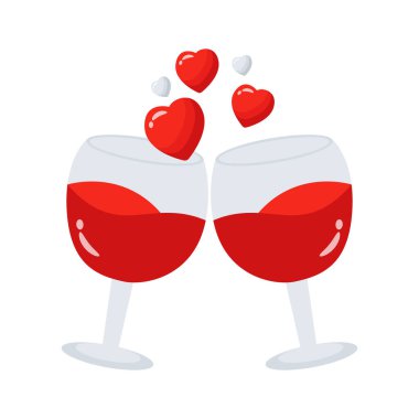 Kırmızı şarap ve yüzen kalplerle dolu iki kadeh. Romantizmi ve kutlamayı simgeliyor.