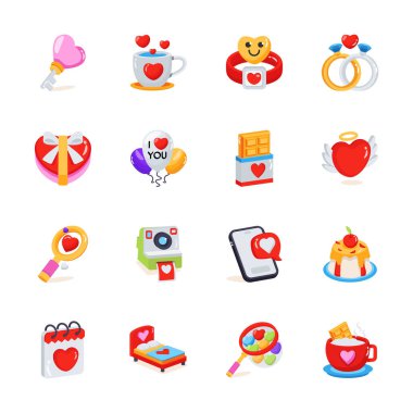 Bu renkli simgeler, hediyeler, hediyeler, iletişim cihazları ve aşkla ilgili nesneler de dahil olmak üzere çeşitli sevgililer günü temalı nesneleri tasvir eder..