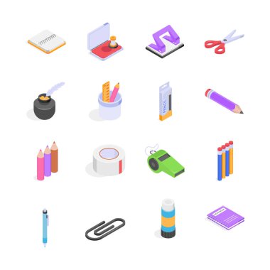 Renkli izometrik kırtasiye öğeleri koleksiyonu, sunumlar, eğitim materyali veya ofis ile ilgili projeler için mükemmel.