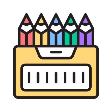 Yaratıcılığı ve sanatı temsil eden renkli boya kalemleriyle dolu bir kutu.