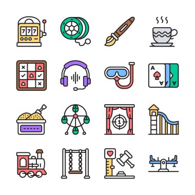 Çeşitli boş zamanları temsil eden basit, renkli, özet simgelerden oluşan bir koleksiyon..