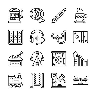 Çeşitli boş zamanları temsil eden basit, renkli, özet simgelerden oluşan bir koleksiyon..