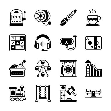 Çeşitli boş zamanları temsil eden basit, renkli, özet simgelerden oluşan bir koleksiyon..