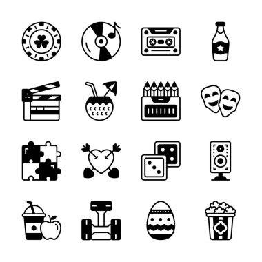 Boş zaman ve eğlence aktivitelerini temsil eden bir ikon koleksiyonu