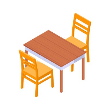 Canlı bir izometrik ikon, iki sandalyeli basit bir yemek masası tasvir eder.