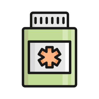 İlaç kavanozunun, ilaçların, eczanelerin ve sağlık hizmetlerinin temel ihtiyaçlarını gösteren harika bir ikonu..